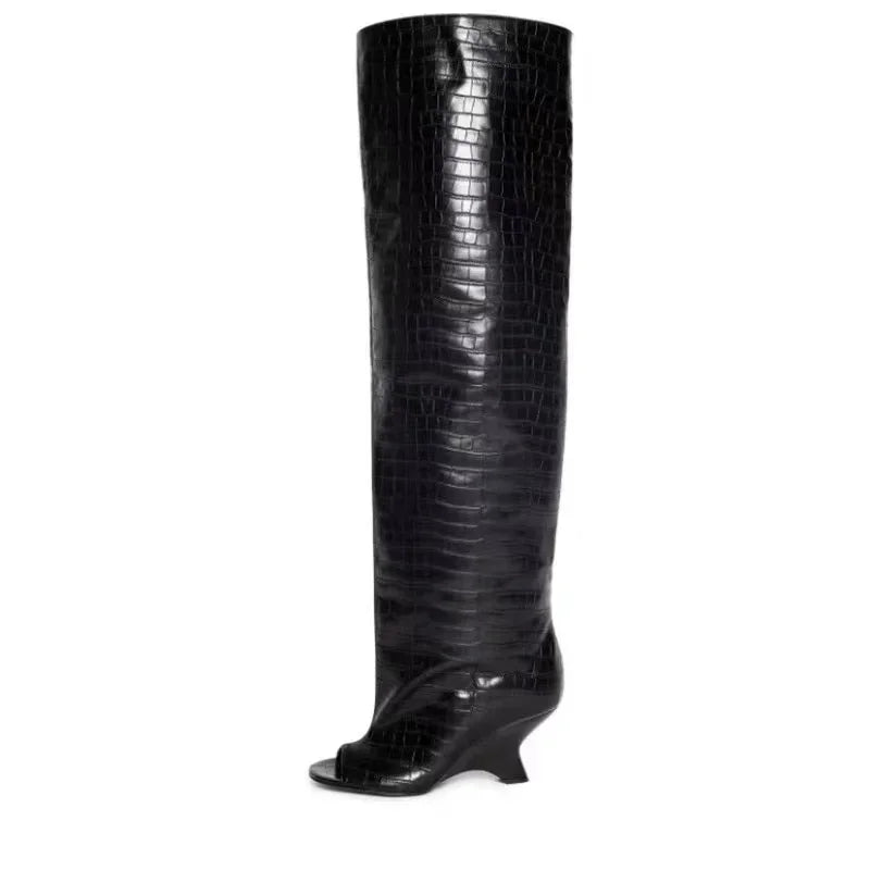 2025 European AndAmerican Nichedesign Versatileopen Toe Long Tube Cool Boots for Women, Crocodile Patterned Irregular High Heels