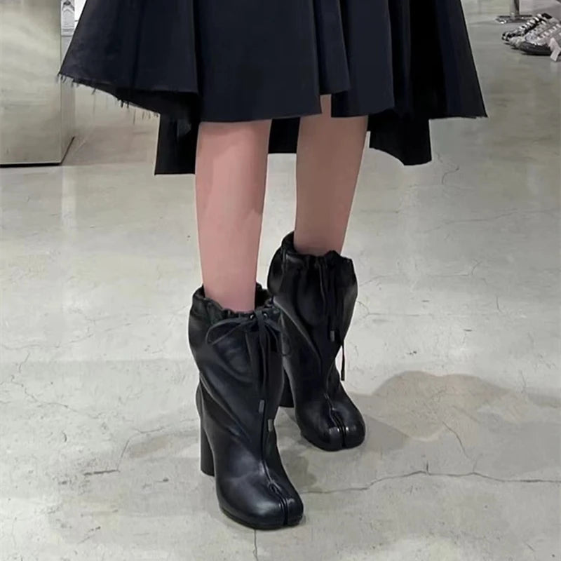 Street Style Fashion Split Toe Women Mid-calf Boots Autumn Winter Genuine Leather Tabi High heels Modern Chunky Booties Shoes