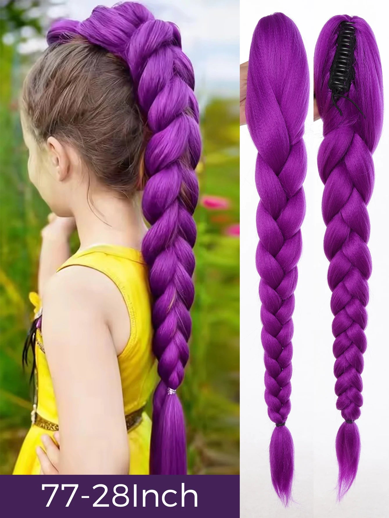 Synthetic 26inch Long Ponytail with Clips Braided Purple Hair Ponytail Rumi Costume Hairstyle for Kids Girls Halloween Christmas