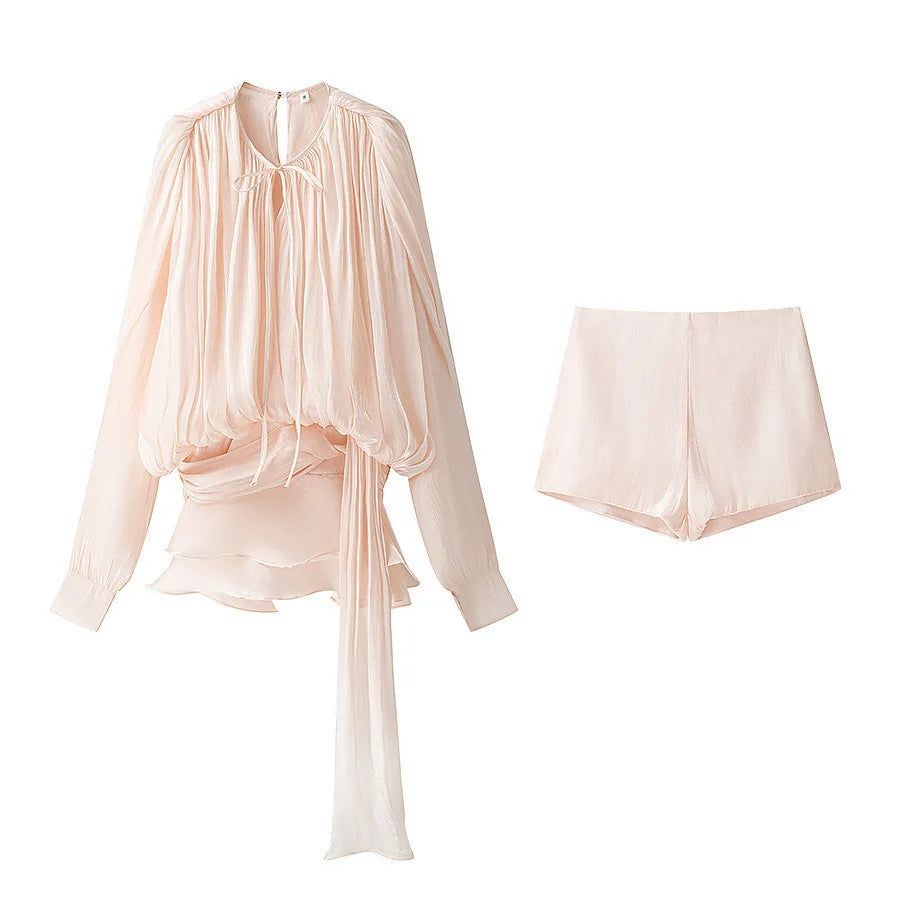 Dress Set Sweet Women Top Elegant Lantern Yarn Dress Women Spring New Short Waist Cinched Irregular Ruffle Edge Tie 9D6O