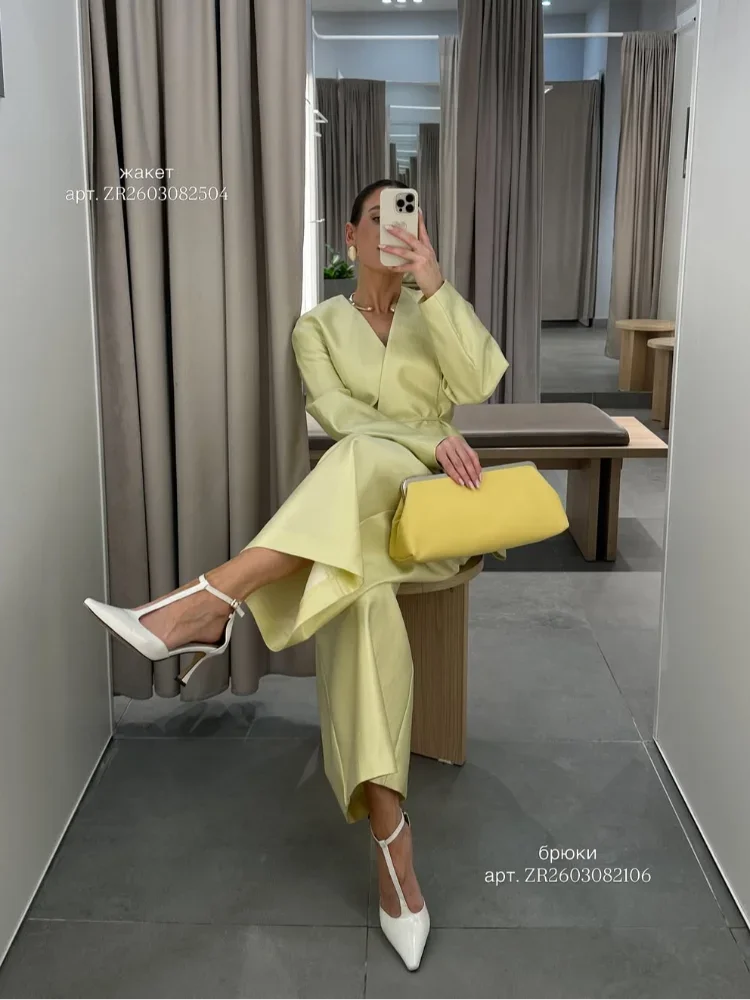 Women Elegant Solid Lace-up Blazer Set Lady Chic V-neck Full Sleeve Loose Coat Wide-leg Pants Suit 2026 Casual Commute Outfit