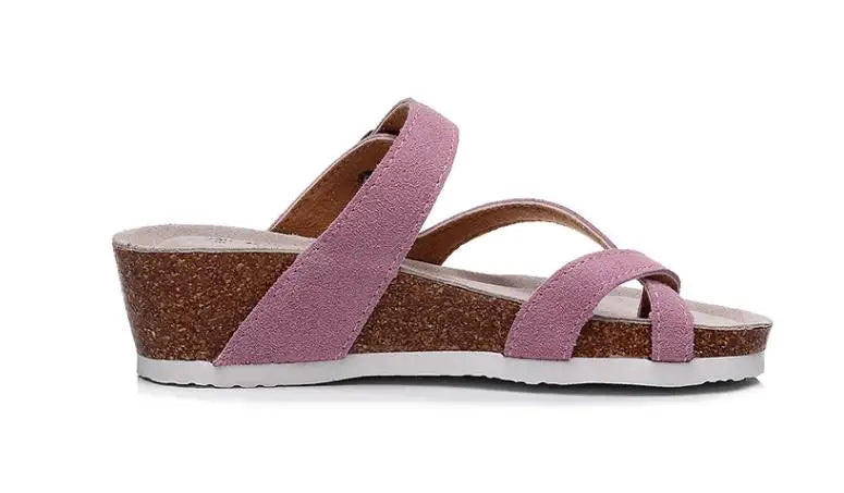 New Summer Women Wedge Beach Slipper Shoe Casual Cork Med Heel Outdoor Clogs Flip Flops Footwear