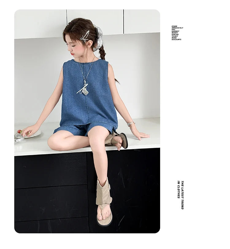 High Fashion Children Summer Denim Suit for Girls Casual Vest + Shorts 2 Piece Clothing Set Kids Trendy Street Outfit Age 5-14 Y