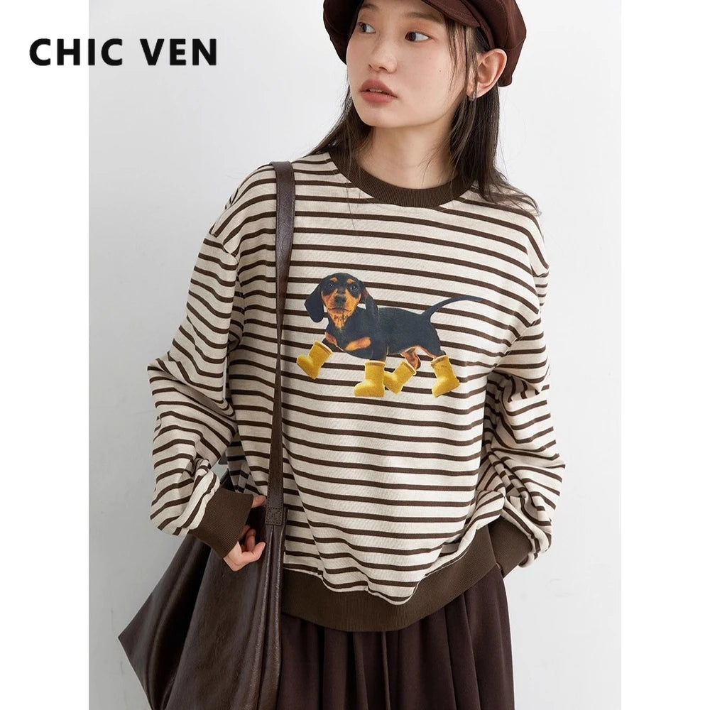 CHIC VEN New Women T-Shirts Loose Casual Round Neck Striped Dog Print Long Sleeved Female Tees Pullover Autumn Winter 2025