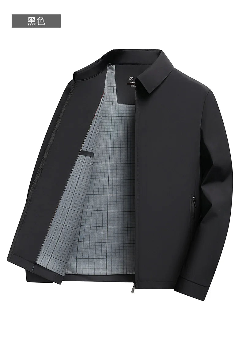 2026 New Men's Spring Lapel Zip-Up Jacket Spandex Fabric Casual Business Outerwear Windproof Anti-Wrinkle Coat