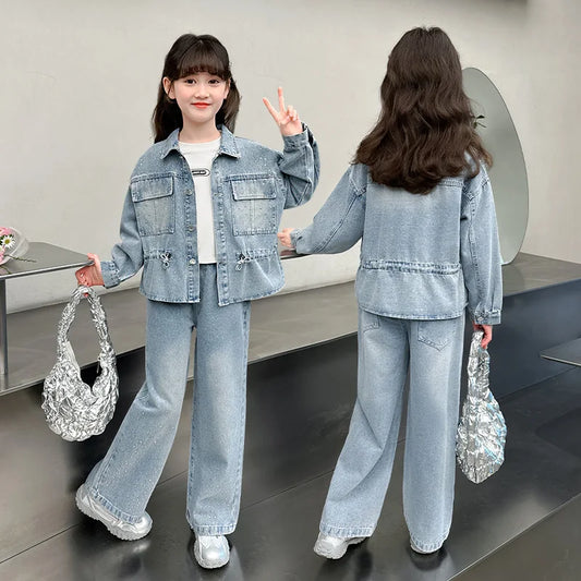 Cowgirl Fashion Streetwear Denim Clothing Set Jeans and Jacket 2 Pieces Outfit Suit Kids Girl Casual Street Clothes Tracksuits