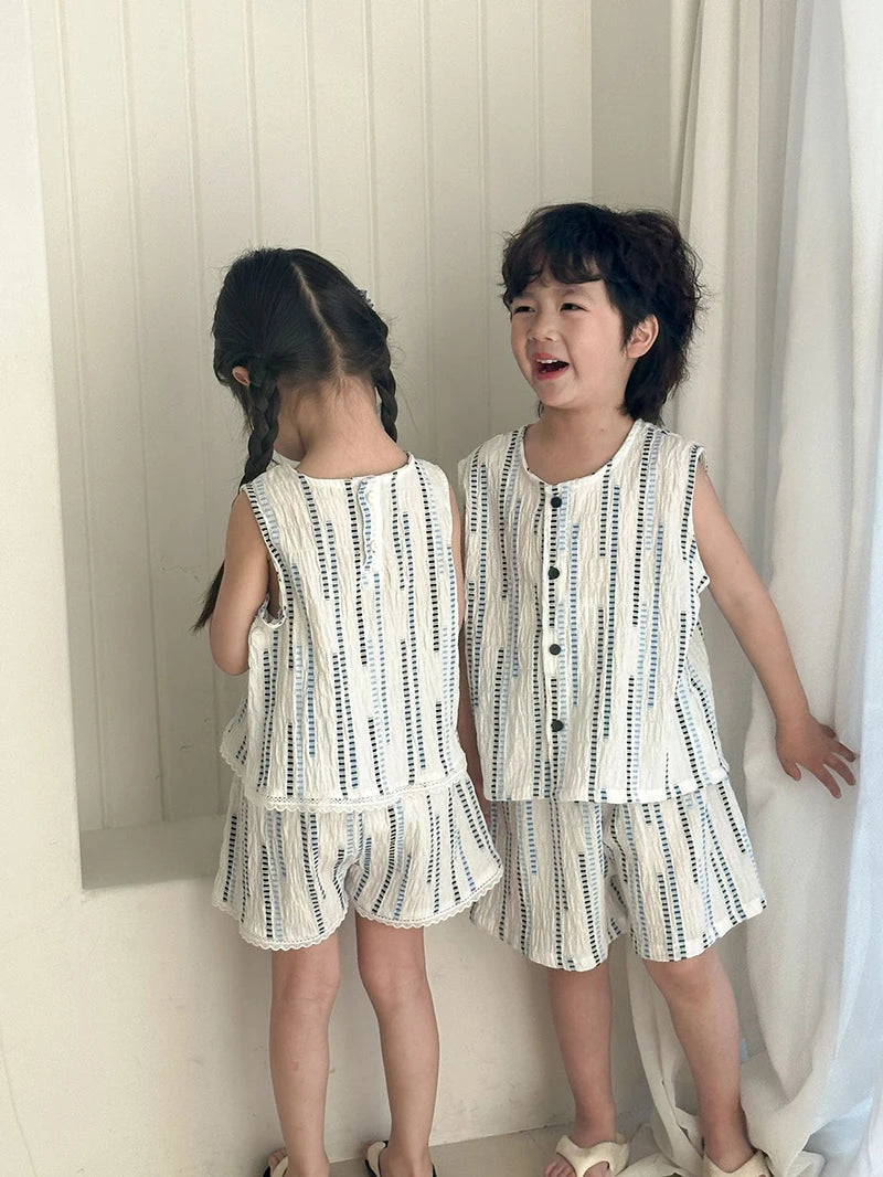 Summer Children's Vest Set Girls Lace Top Suit Kids Embroidered Striped Tank Top and Shorts 2Pcs Boys Casual Suit Sibling Outfit