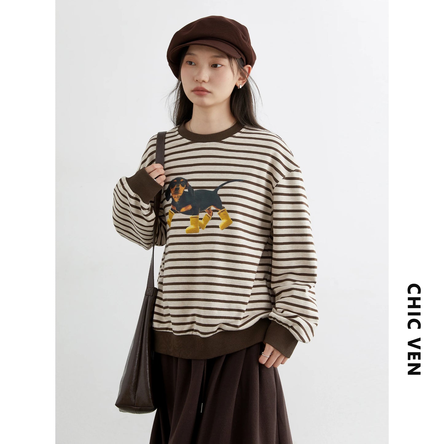 CHIC VEN New Women T-Shirts Loose Casual Round Neck Striped Dog Print Long Sleeved Female Tees Pullover Autumn Winter 2025