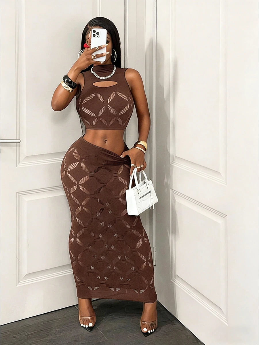 FHSEER Plus Size 2 Piece Women Sexy Mesh Crop Tank High Waist Bodycon Mini Skirt