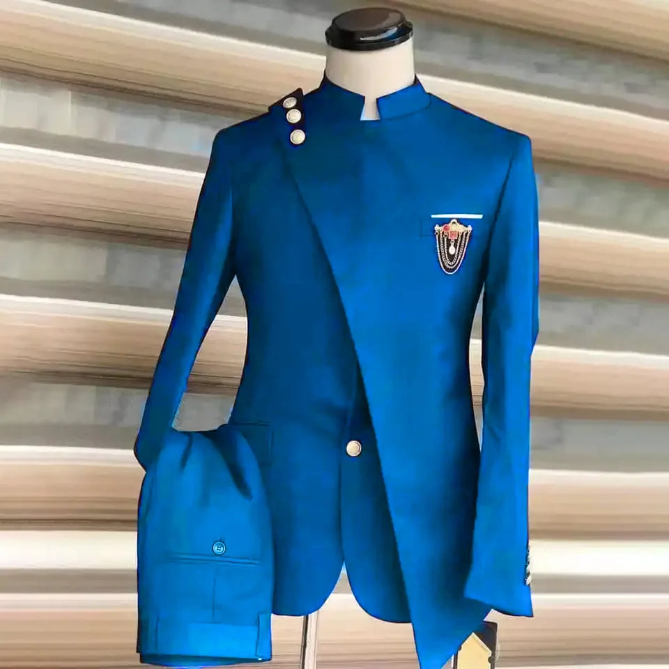 Men Blazer Suits 2 Piece Set Party Coat Straight Pants Ensemble Stand Collar Buttons Trousers Suit Jacket Outfits Autumn 2025