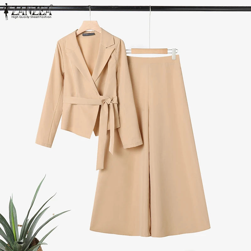 ZANZEA Elegant 2 Pieces Pant Sets Long Sleeve Belted Lightweight Blazer & Wide Leg Pant 2pcs Suits Office Lady Commuting Sets BAZAARHUBO