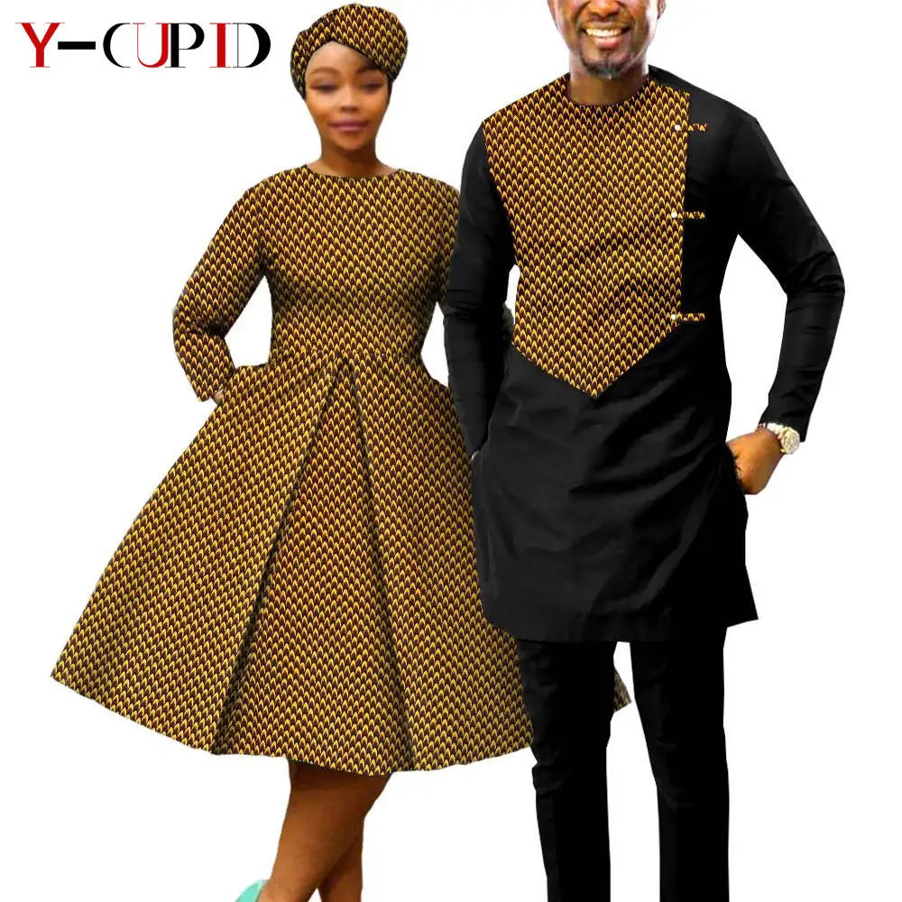 African Print Dresses for Women with Headwrap Matching Couple Outfits Dashiki Men Long Sleeve Pathwork Top and Pant Sets Y23C004