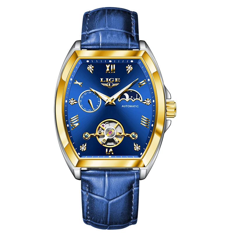 LIGE Luxury Mens Rectangular Dial Mechanical Watches Waterproof Leather Automatic Luminous Watch Business Men relogios masculino