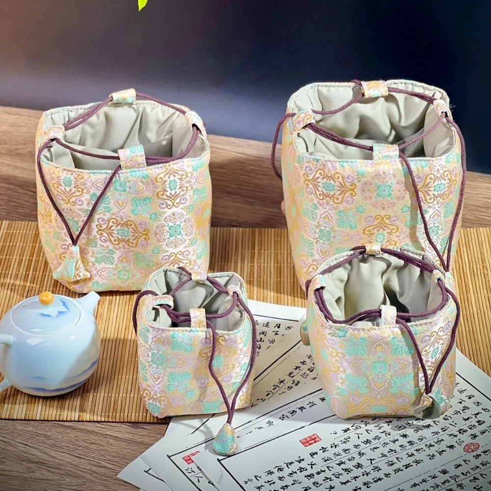Chinese Style Tea Set Organizer Bag Embroidered Breakage-proof Teacup Drawstring Cloth Pouch Tea Ceremony Accessories
