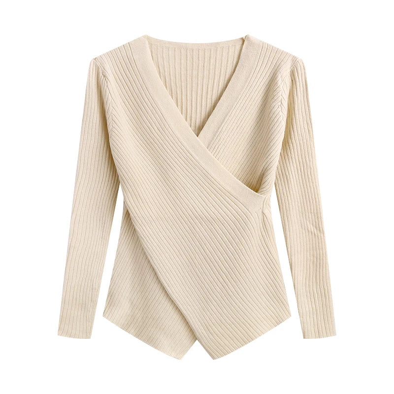 Ribbed Knit Surplice Sweater for Women Pullovers Long Sleeve Plain Jumper Teen-girl Fall Winter Balletcore Chic Outfit