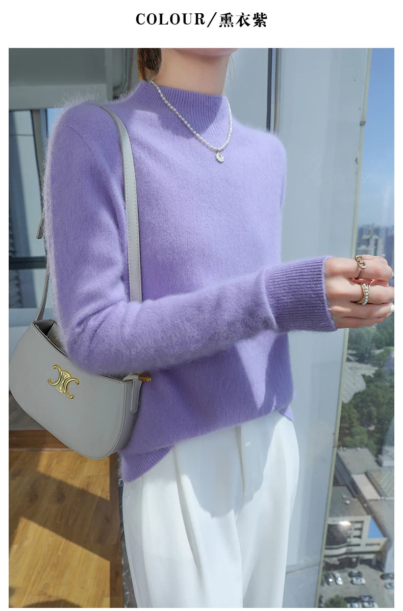 2024 Autumn And Winter New Women's Semi High Neck New Fashion Mink Sweater Long Sleeved Loose Sweater Slimming Knit Sweater Base
