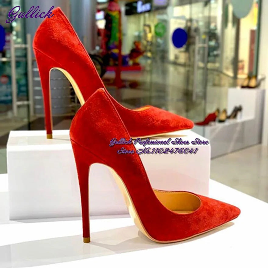 Gullick Women Hot Pink Suede High Heel Shoes 12Cm 10Cm 8Cm Stilettos Slip-On Pointed Toe Wedding Shoes Shallow Pumps Size45