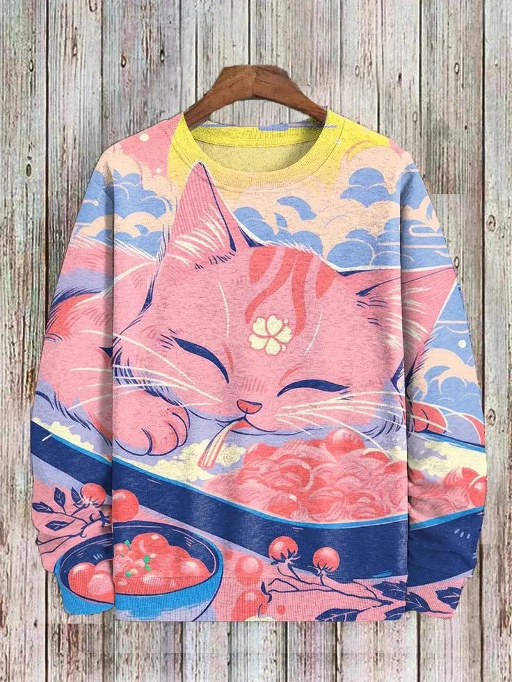 Japanese Fashion Men's Sweatshirt Funny Animal Graphic Ukiyo-e O-Neck Pullover Casual Pullover Tops Regular Fit Polyester Shirt