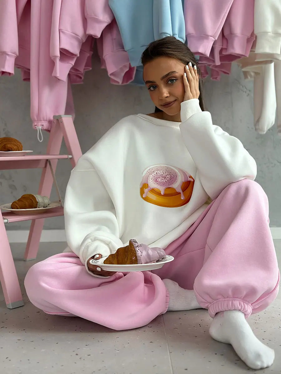 Sumuyoo Cake Printed Pullover Women's New Autumn Winter Plush Loose Slimming Long Sleeves Sweatshirts O-neck Pullover Hoodie