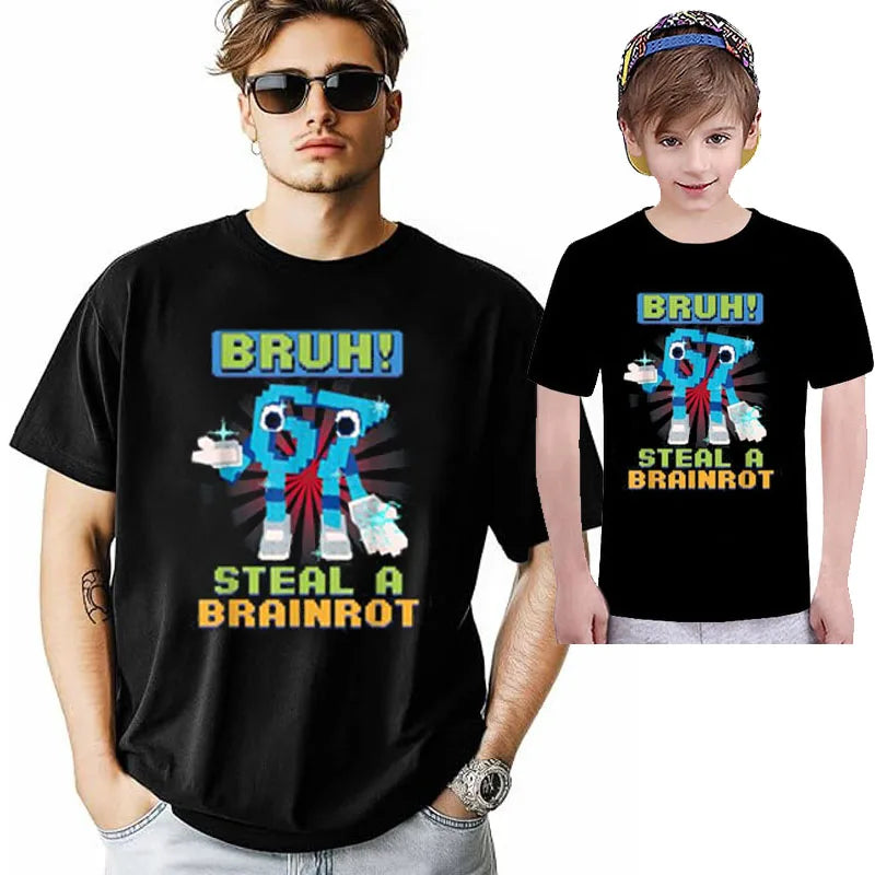 Bruh 67 Meme Steal A Brainrot Pixel T-Shirt Chaotic Humor Y2k Gaming Saying Tee Novelty Gift Boys Fashion Short Sleeve Blouses