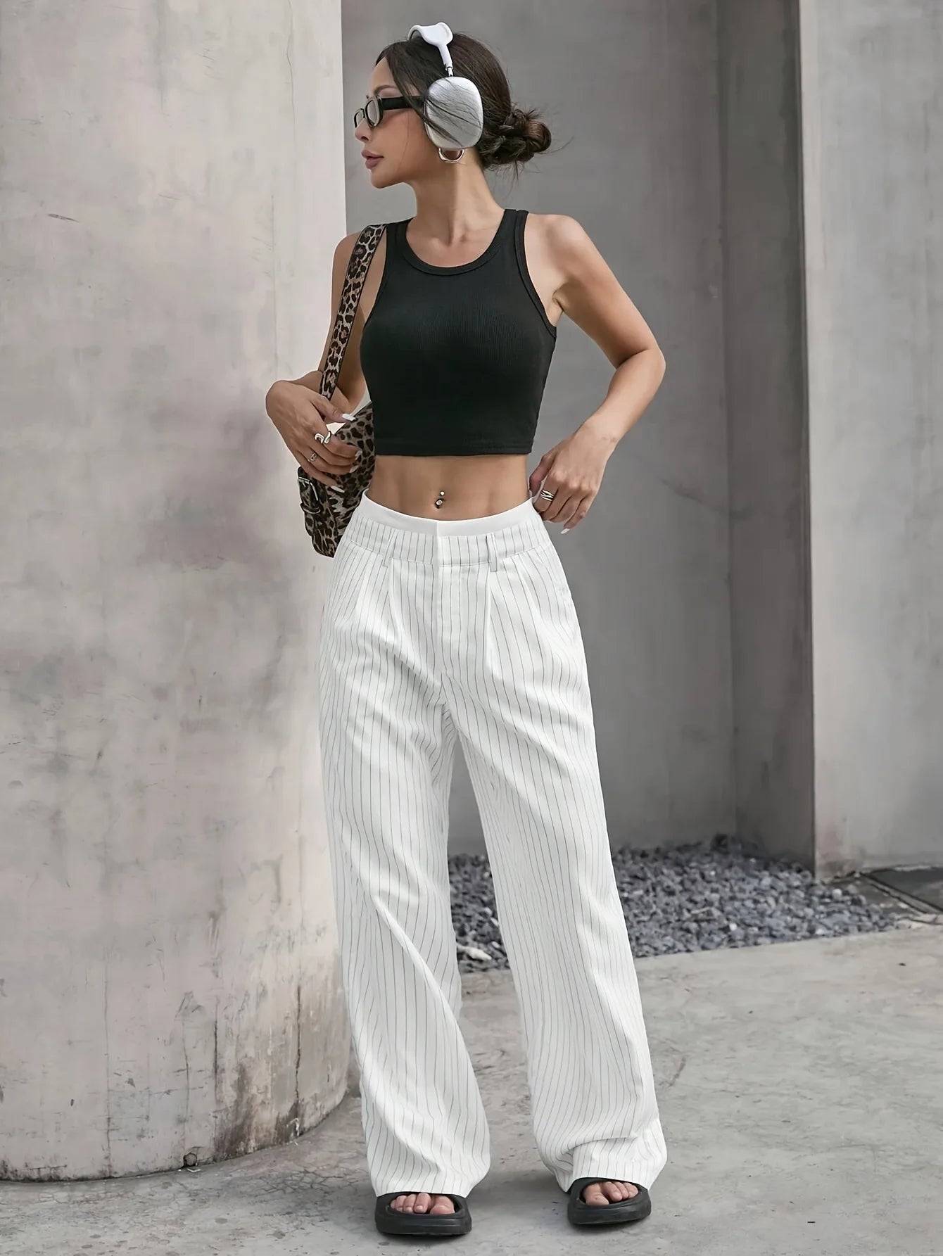 Fashion Pants Women's Stripe Straight Pants 2024 Autumn Winter High Waisted Casual Suit Pants Office Lady Women Trousers Bottoms BAZAARHUBO