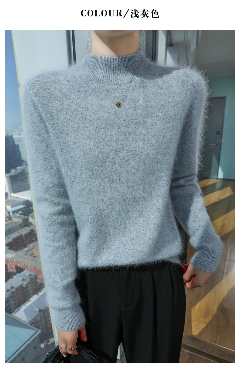 2024 Autumn And Winter New Women's Semi High Neck New Fashion Mink Sweater Long Sleeved Loose Sweater Slimming Knit Sweater Base