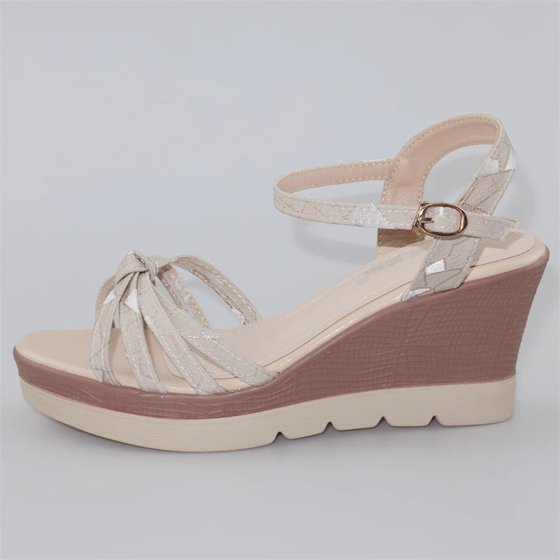Hot Sale Thick Sole Leather Casual Platform Sandals Women Summer 2026 High Heels Wedges Shoes for Office Beach Mother