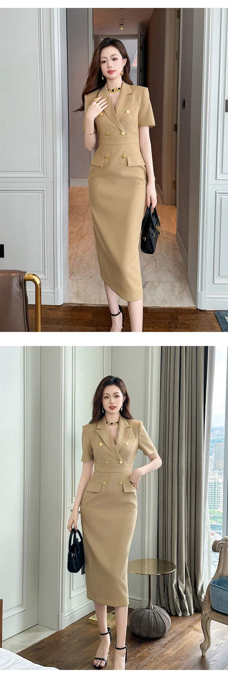 Elegant Office Lady Classic Business Formal Pencil Dress Women Clothes Blazer Commute Short Sleeve High Waist Slim Midi Vestidos