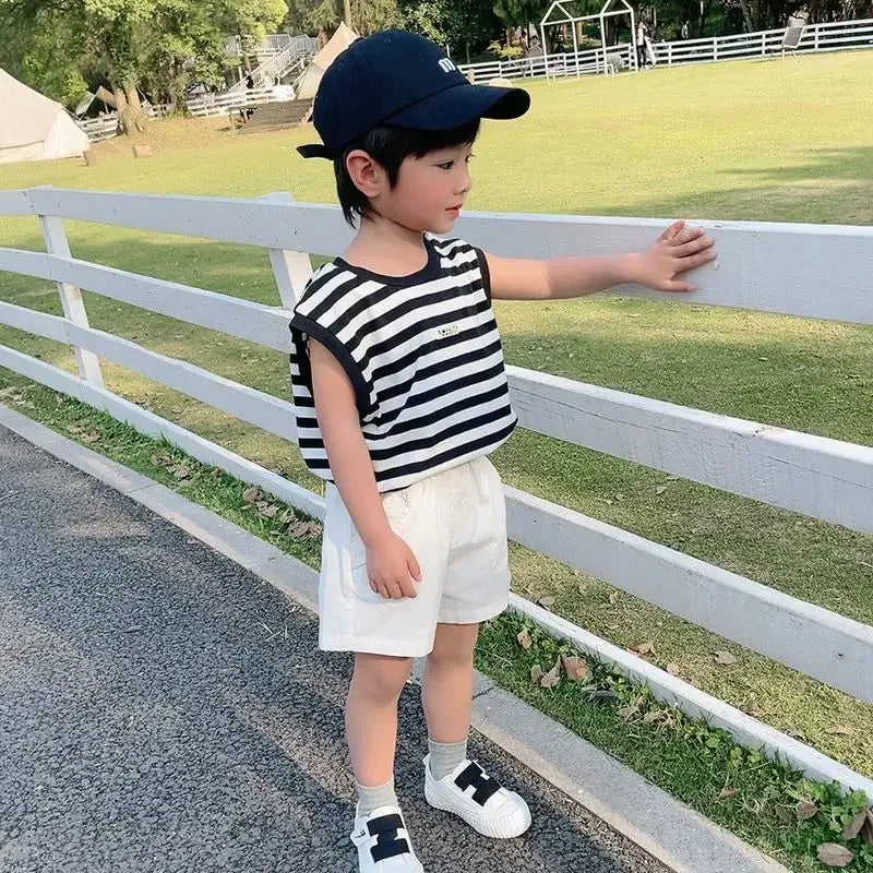 Boys' Striped Summer Casual Clothing Girl Children Handsome Boy Baby Sleeveless Vest and Shorts Set Kids Clothes Boys Outfits