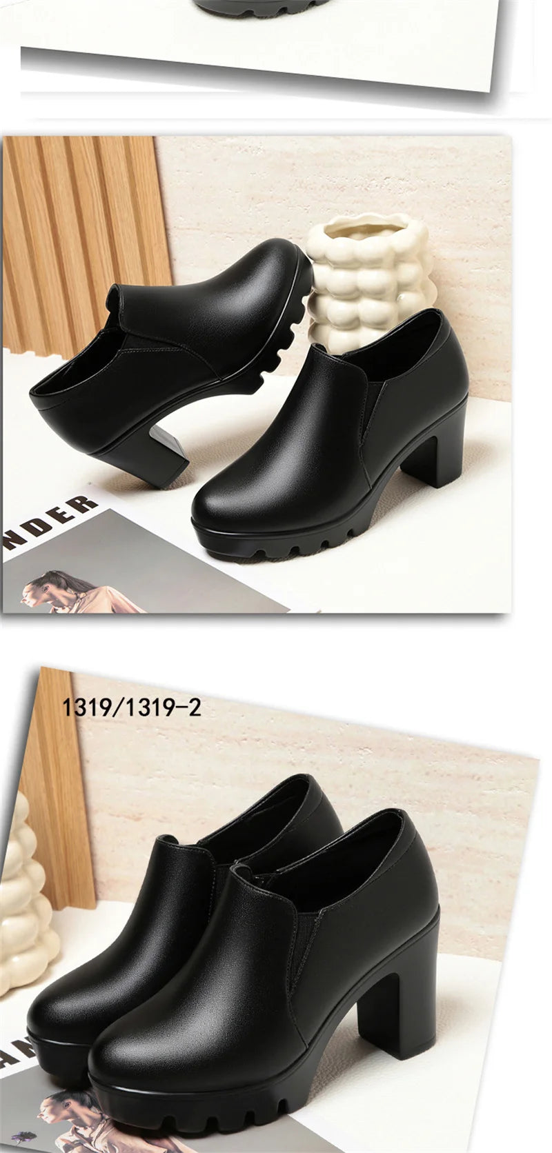 Round Toe Deep Mouth Single Shoes High Heels Thick Heels Versatile Spring Autumn Thick Sole Waterproof Platform Leather Shoes