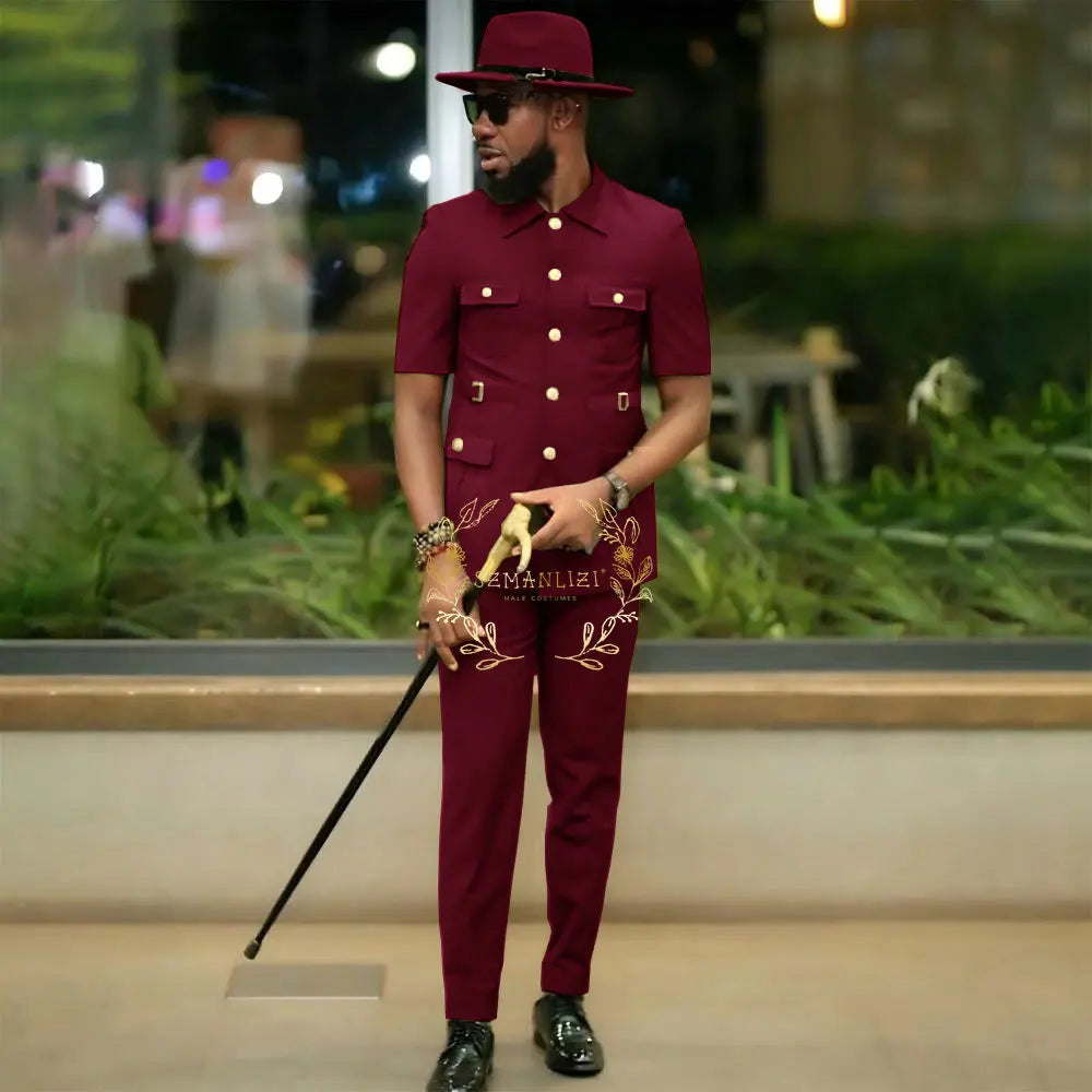 African Style Suits Men For Wedding Customized 2 Pieces Single Breasted Jacket Pants 2 Pieces Groom Tuxedos costume homme