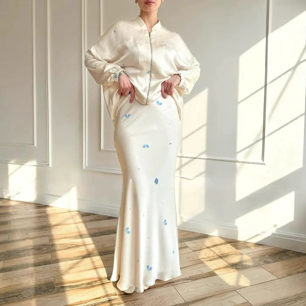 Women Eid Musulman Muslim Sets Solid Blouses Wide Leg Skirts Ramadan Morocco Two Pieces Set Dubai Kaftan Loose Modest Suit