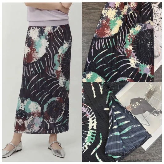 Miyake Pleated Printed Skirt 2026 Summer New Waist-Cinching Retro Printed Jupe Low-Key Elegant Temperament Loose Versatile Skirt