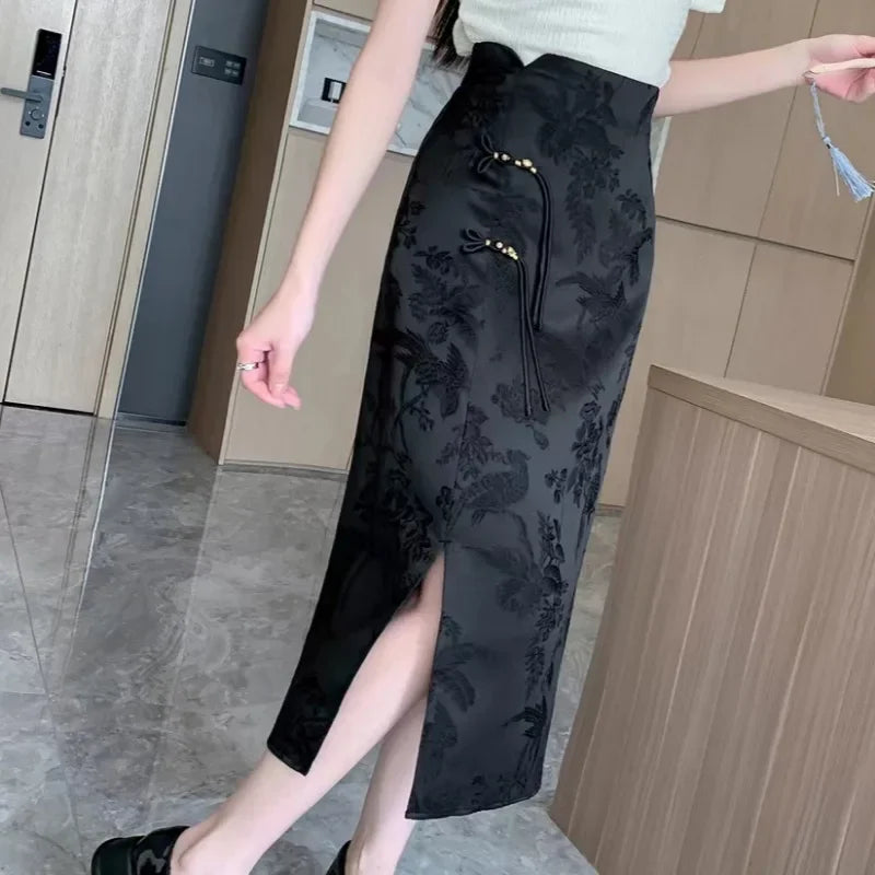 Chinese Style Skirts for Women Printed Casual Streetwear Elegant Female Spring Summer Chic Solid High Waist Simple New Trendy