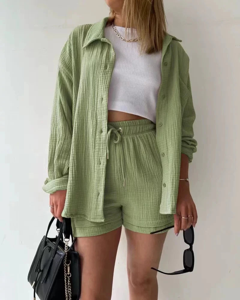 Casual Sleepwear 100% Cotton Pajamas For Women Sets Suit Turn-Down Collar Nine Quarter Sleeve Sleep Tops Shorts Female Homewear