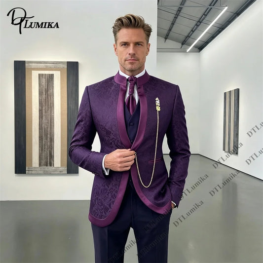 Jacquard Three-Piece Men’s Suit (Jacket + Waistcoat + Trousers) One Button Customized Men's Black-Tie Party Tuxedo Big & Tall