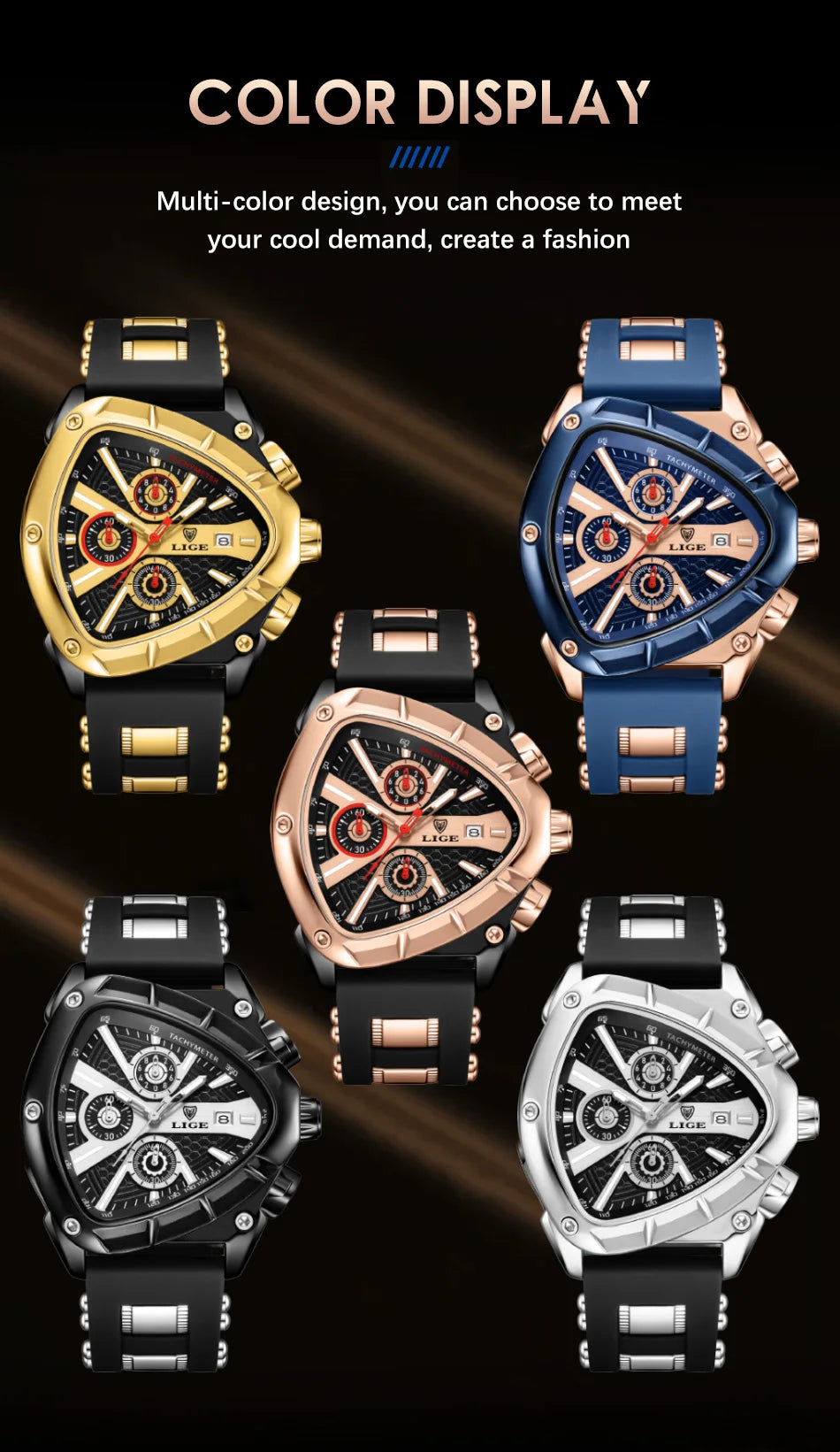 LIGE Sports Triangle Mens Watches Luminous Pointers Fashion Rubber Strap Military Irregular Quartz Wristwatch Waterproof  Watch