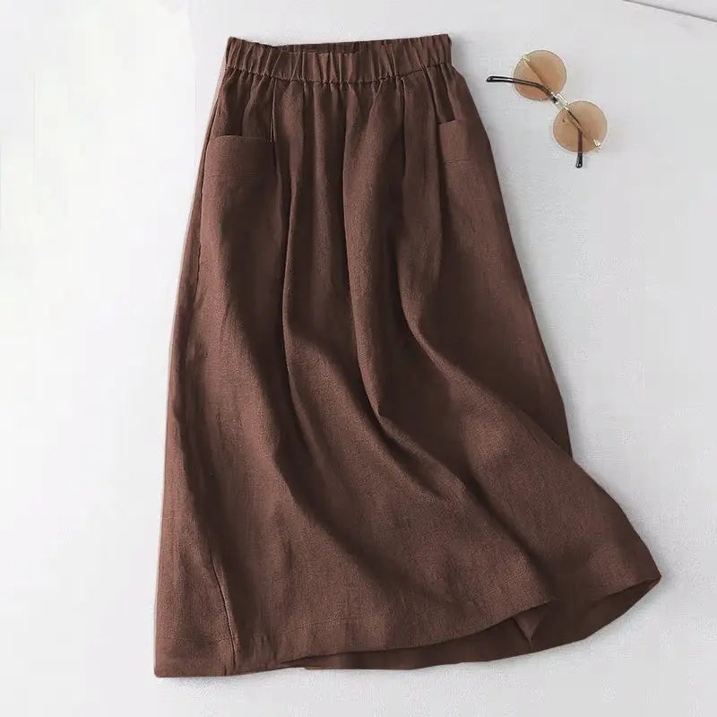 ZANZEA Women A Line Cotton Skirt Elastic Waist Midi Skirt Solid 2024 Summer Korean Side Pockets Falda Saias Casual Holiday Jupe