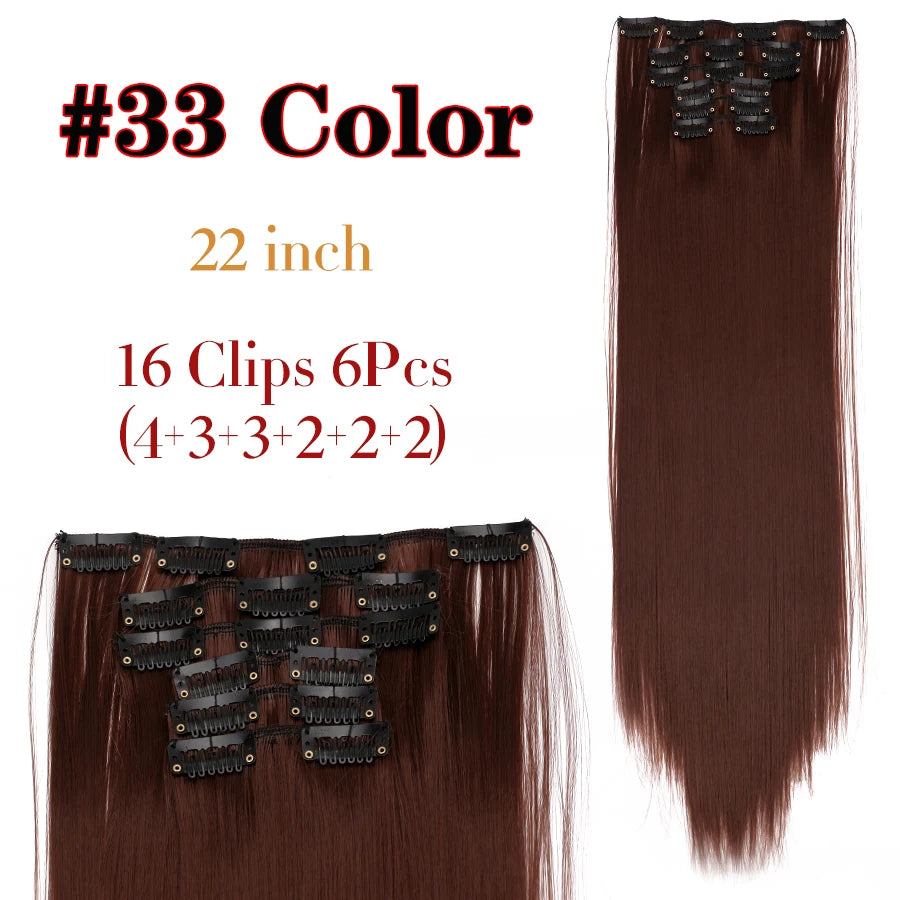 22 Inches Synthetic Long Straight Hairstyle 16 Clips 6Pcs/Set Hair Extensions Blonde Black Hairpieces Heat Resistant For Women