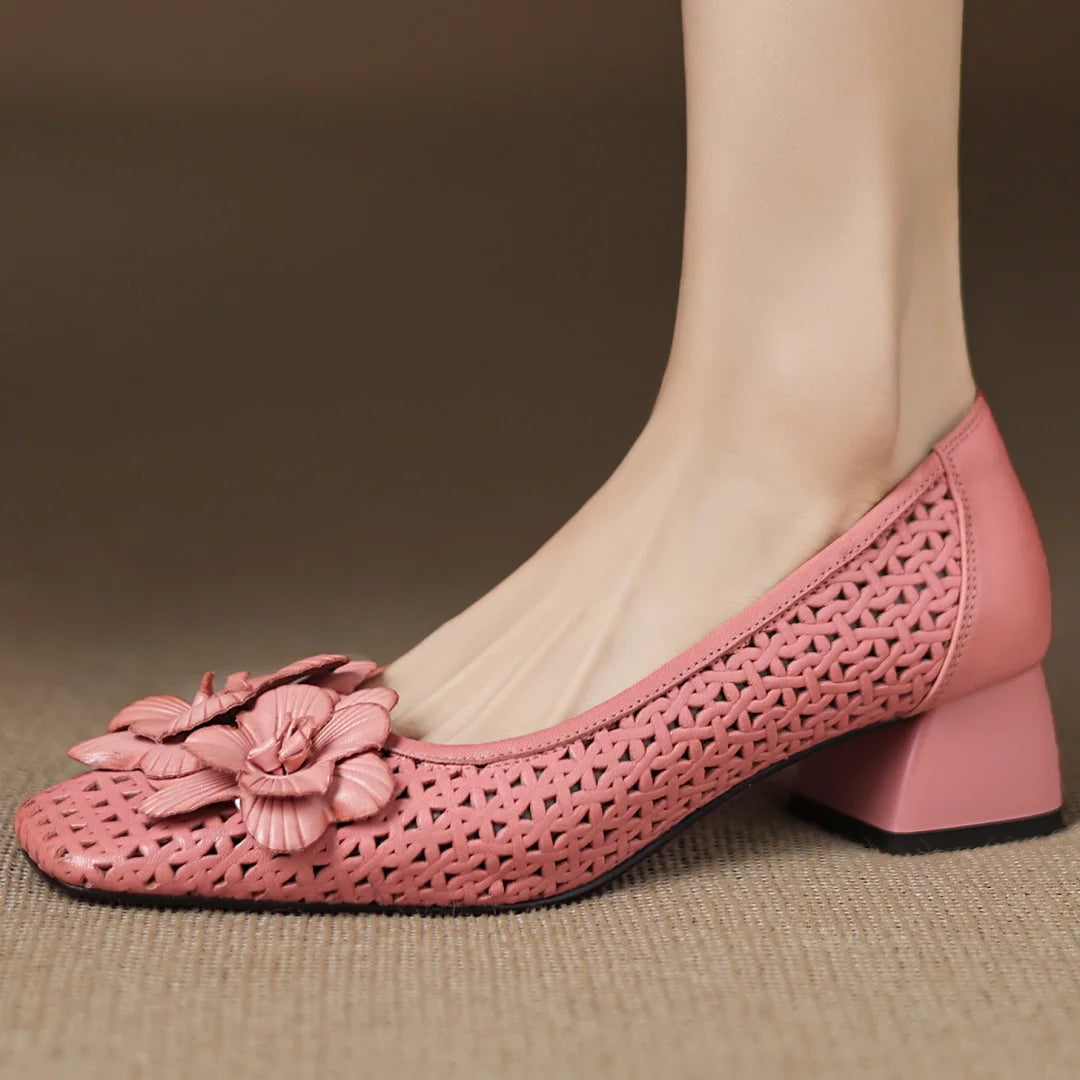 Plus size 41 women's hollow-out sheepskin square toe slip-on pumps 4cm thick med heel elegant ladies flower summer heels sandals
