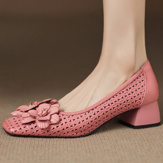 Plus size 41 women's hollow-out sheepskin square toe slip-on pumps 4cm thick med heel elegant ladies flower summer heels sandals