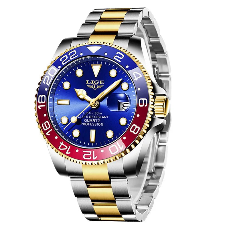 LIGE Top Original Men Quartz Watches Blue Waterproof Watch for Men Stainless Steel Quartz Men Luxury Watch Luminous Wristwatch