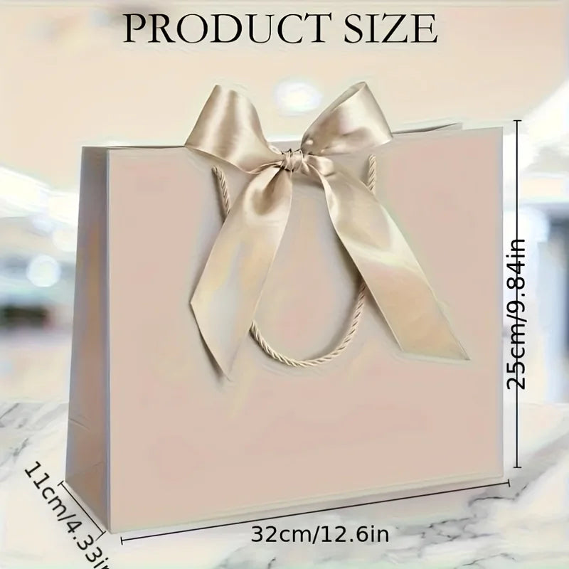 10pcs (5 Bags + 5 Ribbons) Elegant Beige Thank You Gift Bags, Paper Gift Bags, Shopping Bags with Golden Bows - Foldable