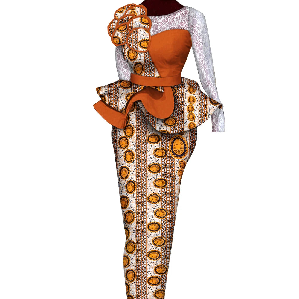 African Skirt Sets Women Suit Long Straight Skirts and Tops with Lace Decoration Bazin Riche Traditional African Clothing WY6195