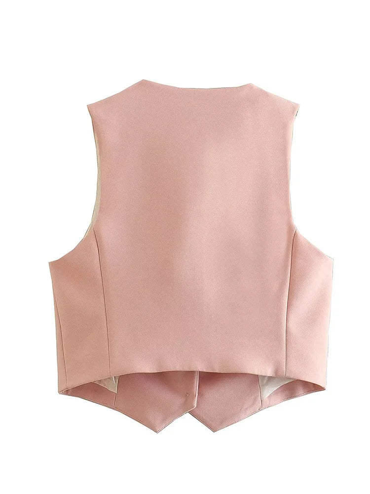 Willshela Women Fashion Two Piece Set Pink Tank Tops & Straight Leg Pants Vintage V-Neck Single Breasted Female Chic Pants Suit