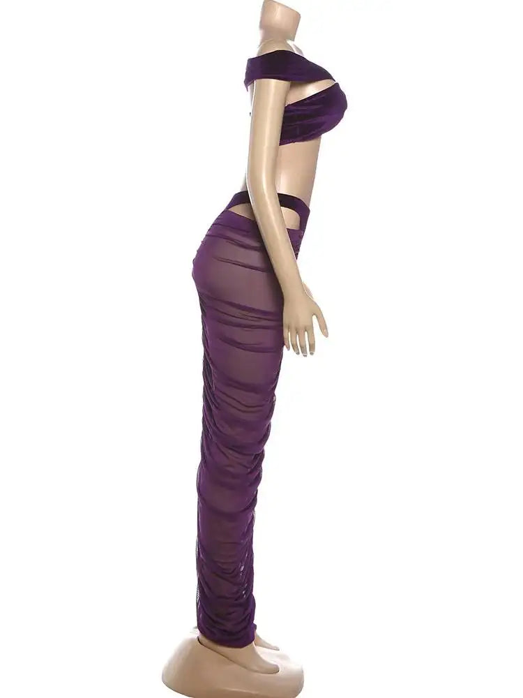 Sexy Fashion 2 Piece Set Woman Velvet Cross Kink Tank Tops+Hollow Design Ruched Long Skirts Club Party Coquette Outfits