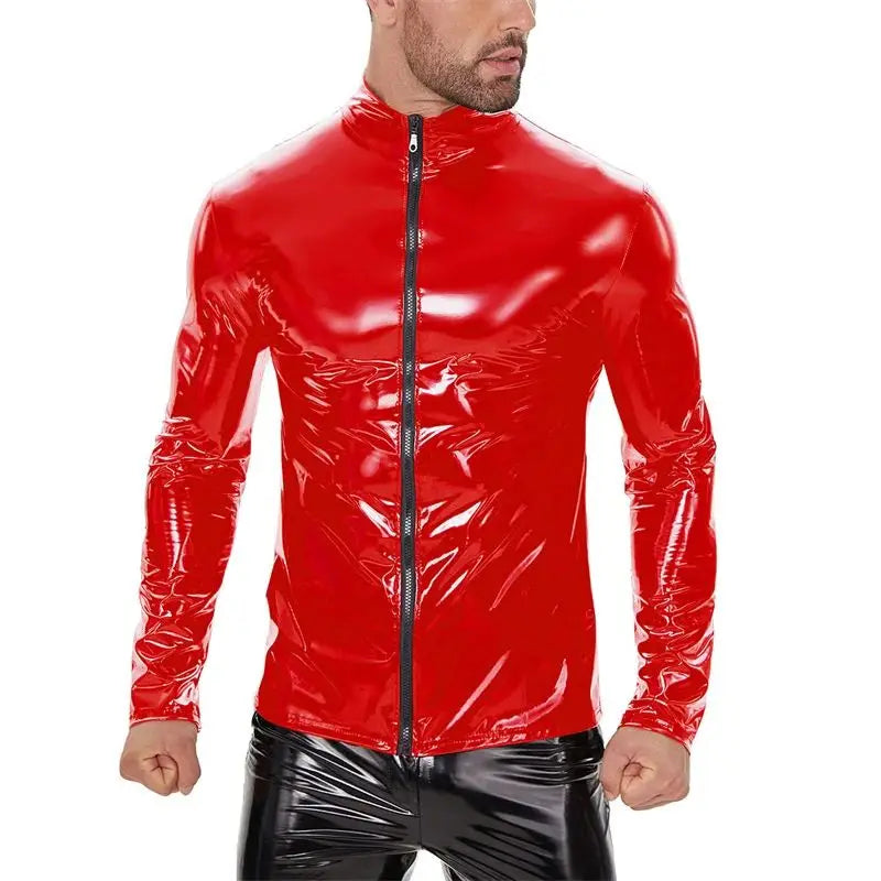 Men High-gloss Patent Leather Shirt Autumn Winter Zipper Cardigan Blouse Male Stretch Windproof Outerwear Moto Biker Uniform 7XL