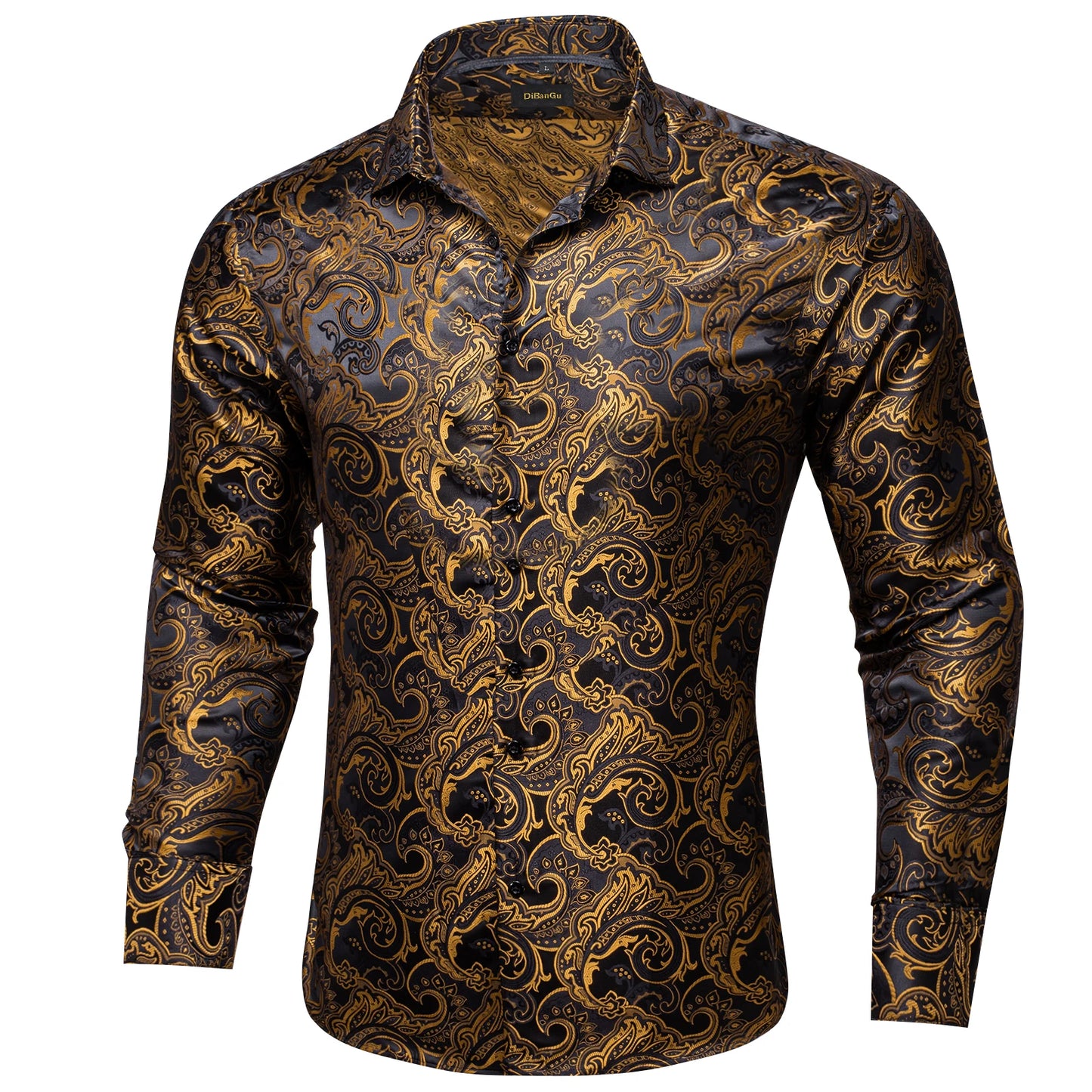 Luxury Purple Paisley Polyester Shirts for Men Long Sleeve Wedding Prom Men Clothing Button Down Collar Social Dress Shirt