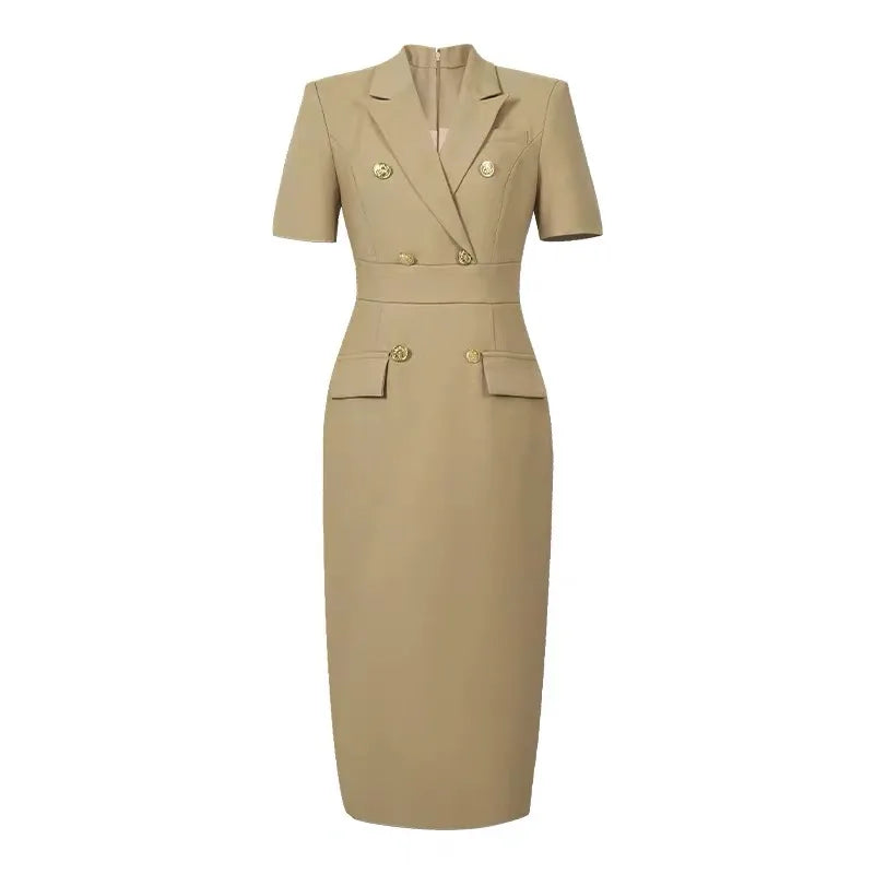 Elegant Office Lady Classic Business Formal Pencil Dress Women Clothes Blazer Commute Short Sleeve High Waist Slim Midi Vestidos