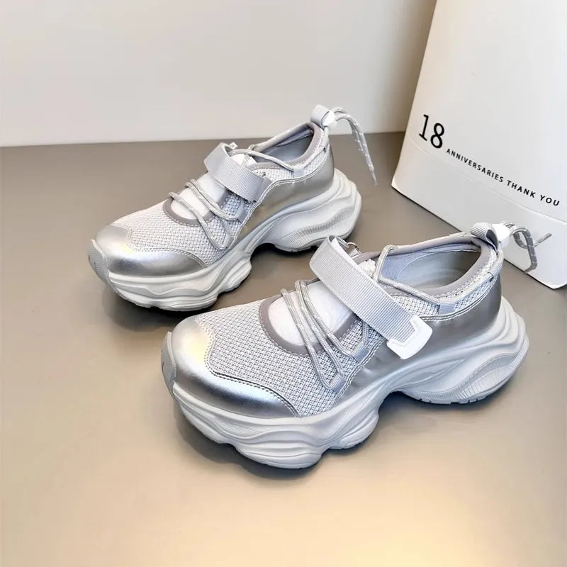 Women's Breathable Mesh Hollow Out Thick Bottom Casual Sports Shoes Thin Mary Jane Shoes Magic Tape Leisure Sports Shoes
